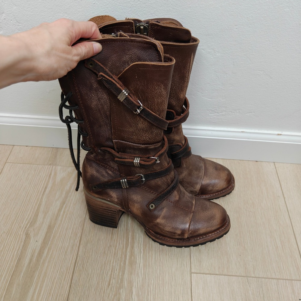 Freebird Cora Womens Boots 8 Brown Distressed Leather Strappy Buckle Moto - Picture 3 of 12